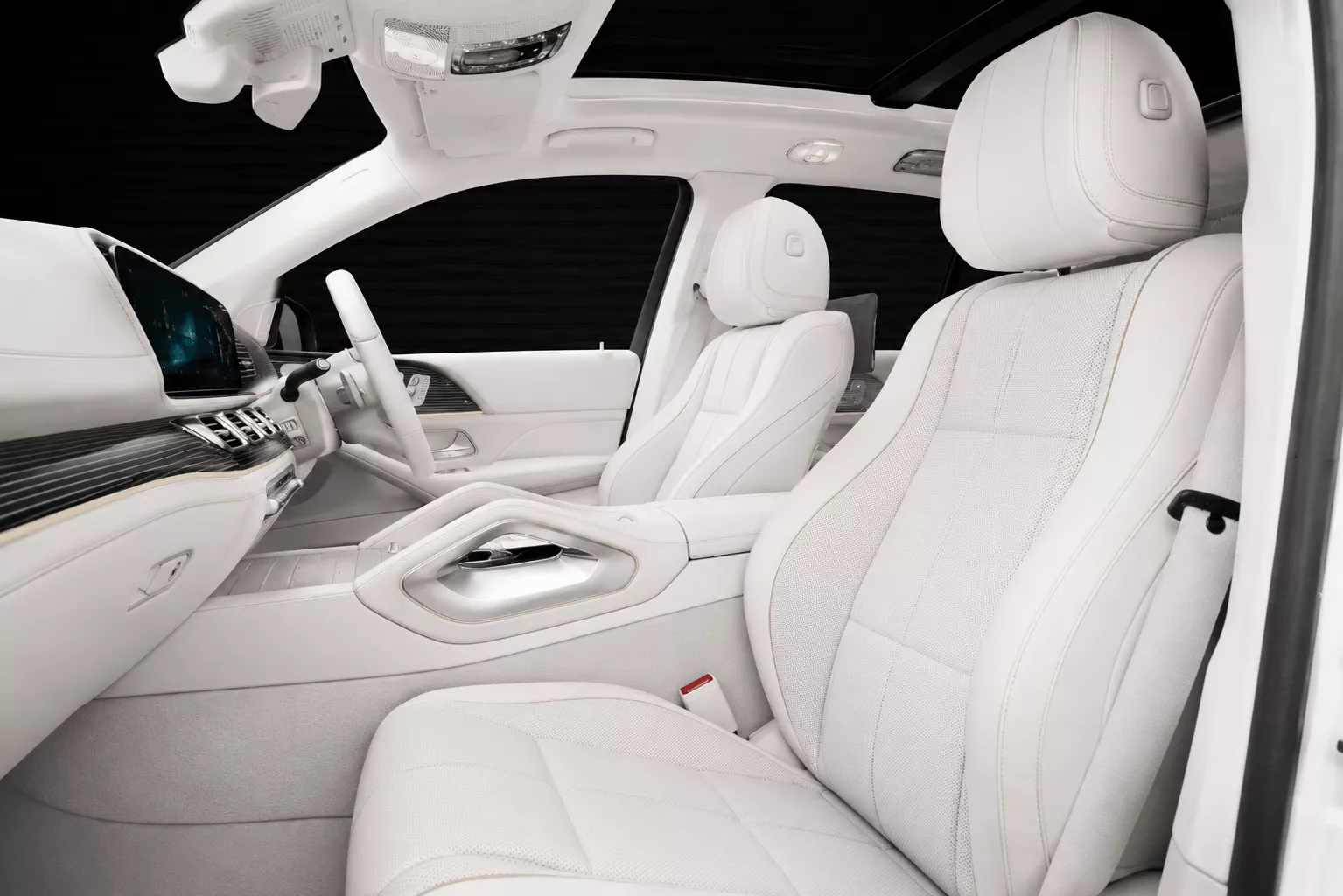 Mercedes-Maybach GLS front cabin with white luxury interior and matching white exterior for premium private chauffeur transport in Sydney