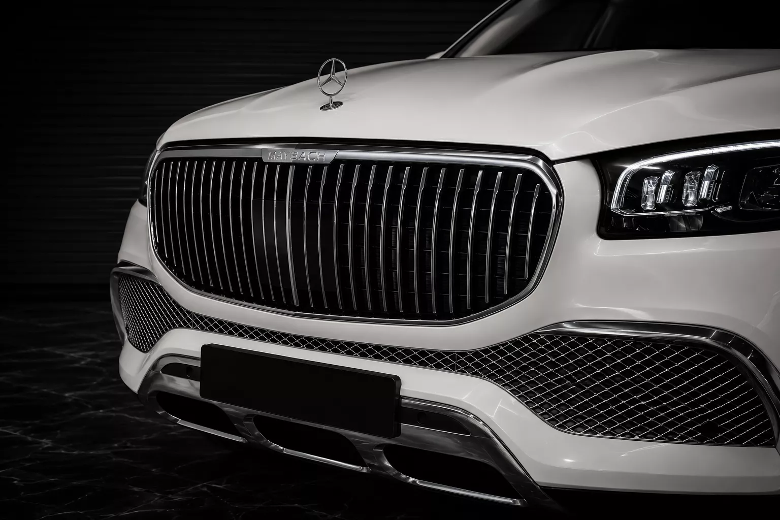 Mercedes-Maybach GLS front grille detail studio view for premium private chauffeur transport in Sydney