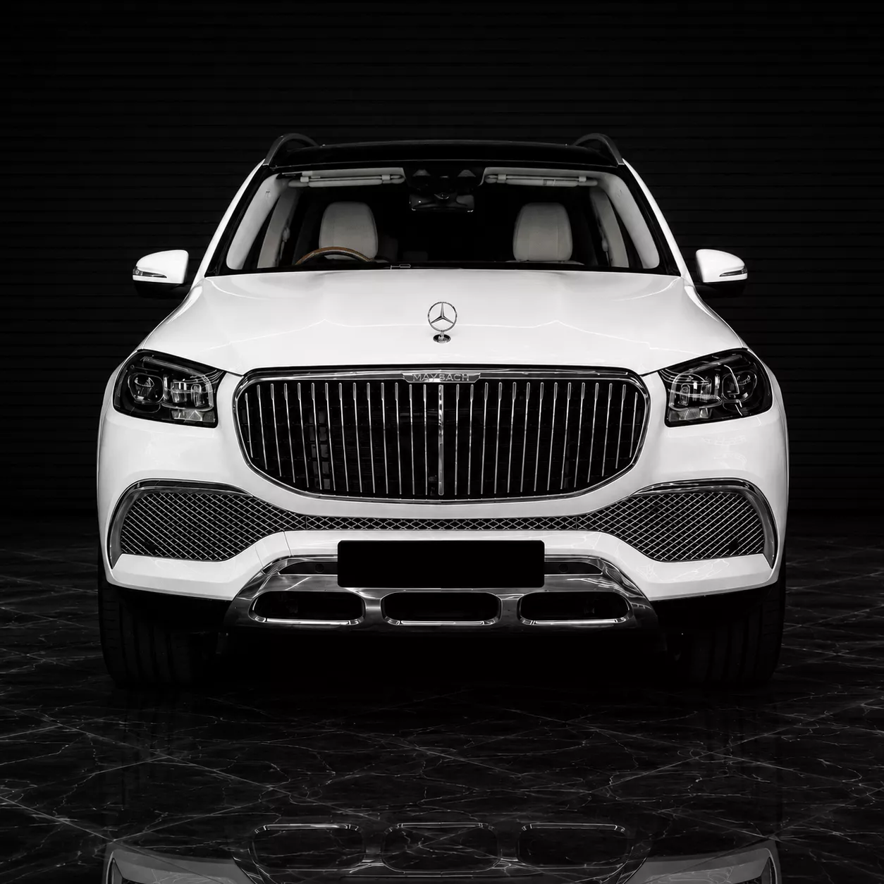 White Mercedes-Maybach GLS front studio view for premium private chauffeur transport in Sydney