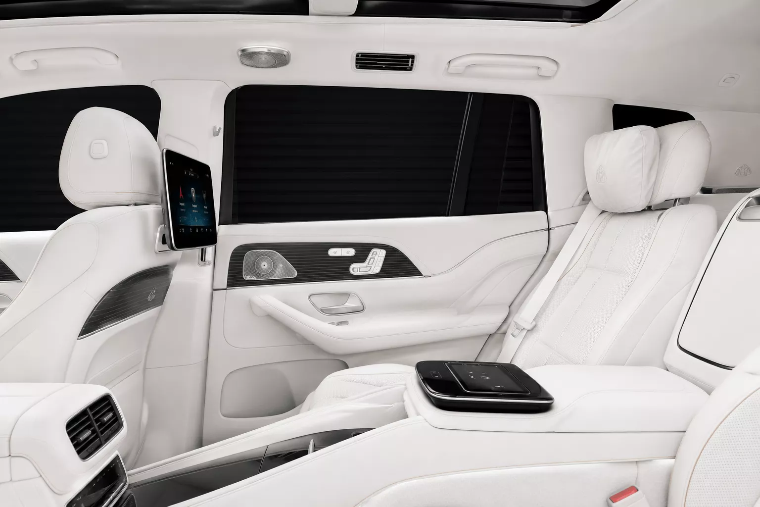 Mercedes-Maybach GLS rear cabin with white luxury interior for premium private chauffeur transport in Sydney