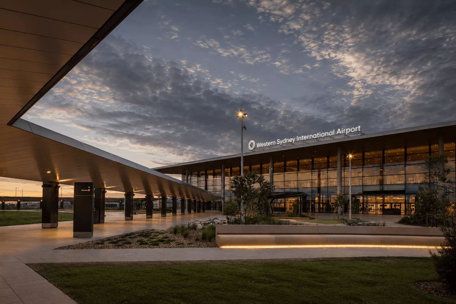Western Sydney Airport terminal exterior for private arrivals and departures